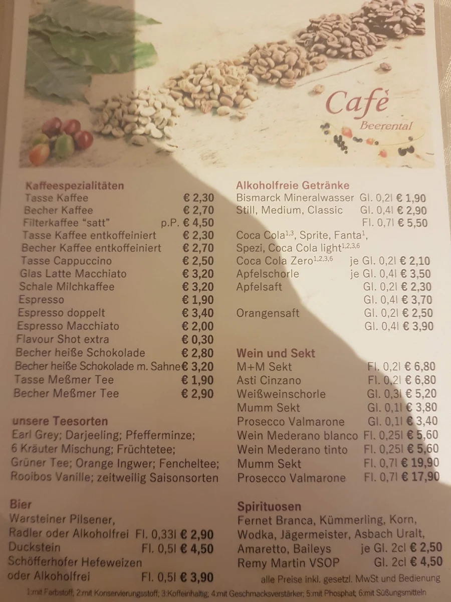 Speisekarte, Café Beerental