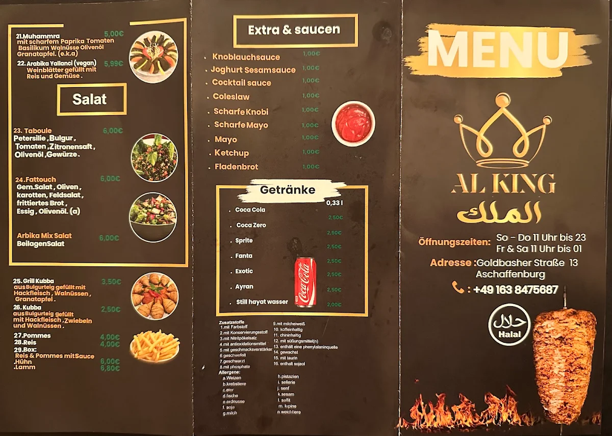 Speisekarte, Al King Aschaffenburg Restaurant, Lieferservice, Catering, - Burger, Schawarma, BBQ - Streetfood Corner