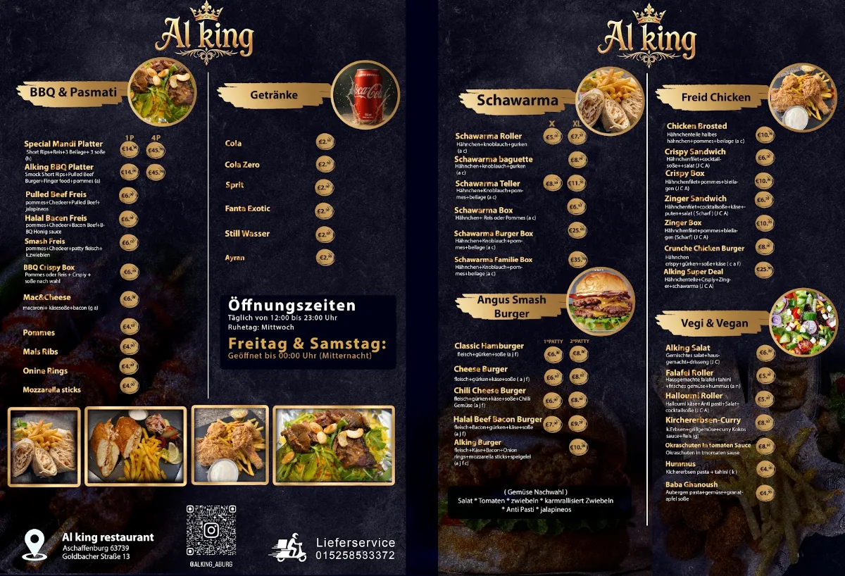 Speisekarte, Al King Aschaffenburg Restaurant, Lieferservice, Catering, - Burger, Schawarma, BBQ - Streetfood Corner