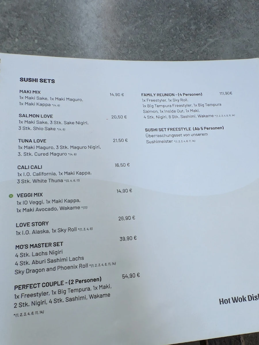 Speisekarte, MO Restaurant