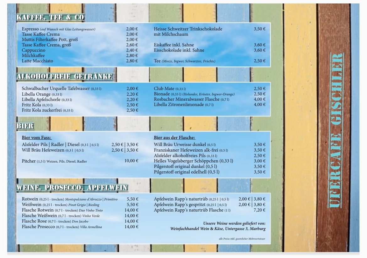 Speisekarte, Ufercafe Gischler
