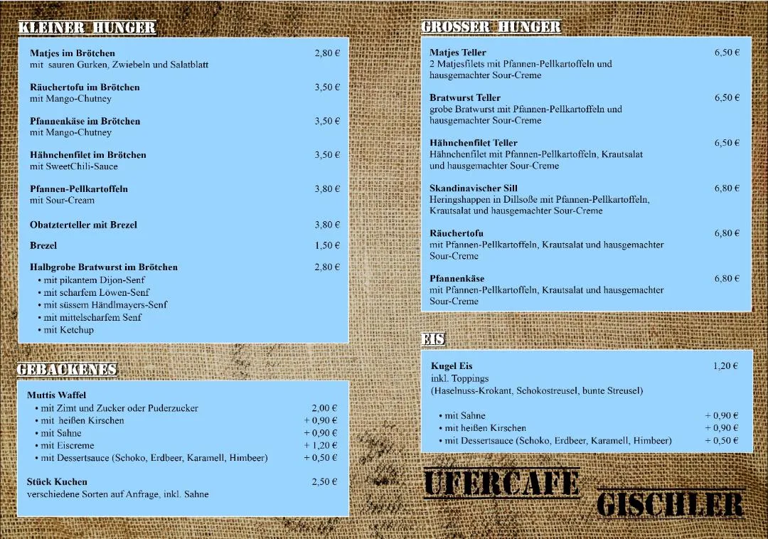 Speisekarte, Ufercafe Gischler