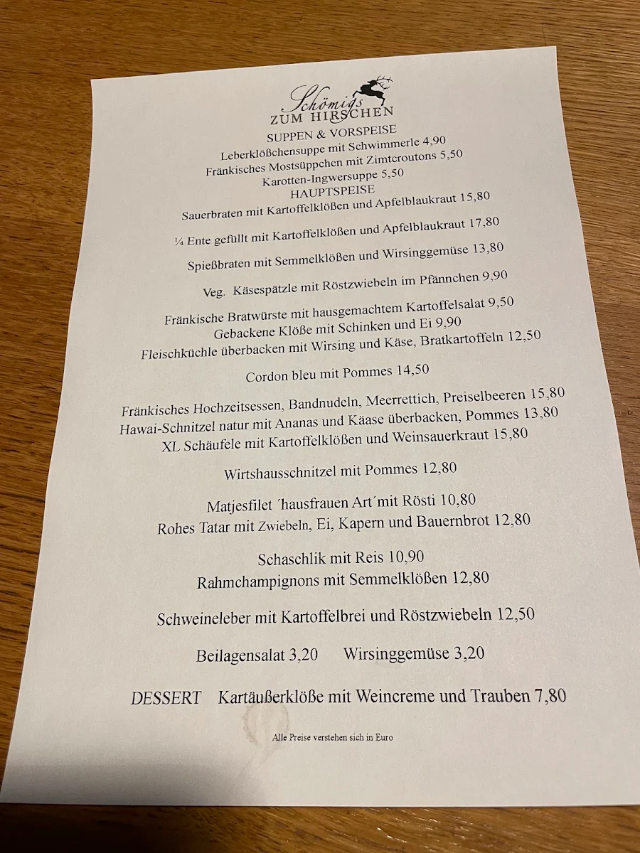 Speisekarte, Gasthaus & Hotel Zum Hirschen