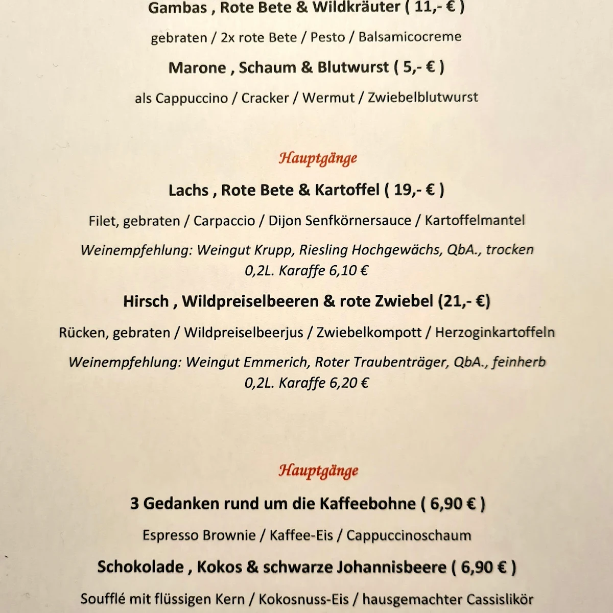 Speisekarte, Restaurant & Weinhandlung Marktwirtschaft