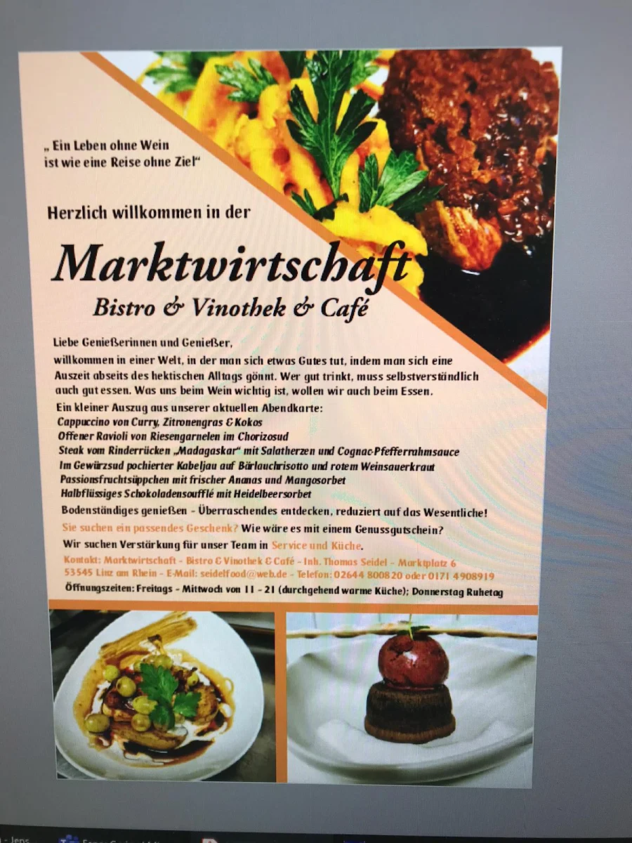 Speisekarte, Restaurant & Weinhandlung Marktwirtschaft