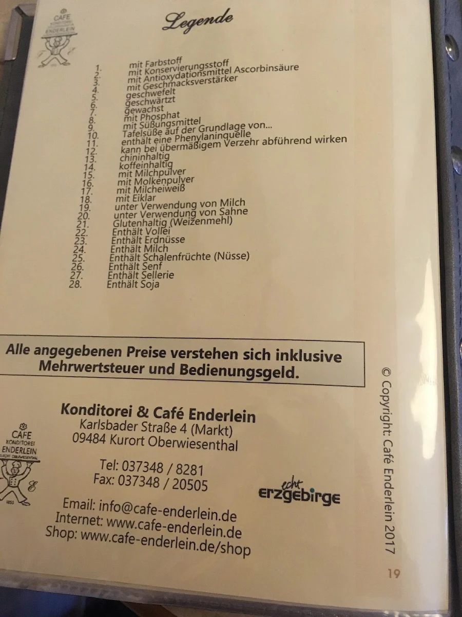 Speisekarte, Café Enderlein