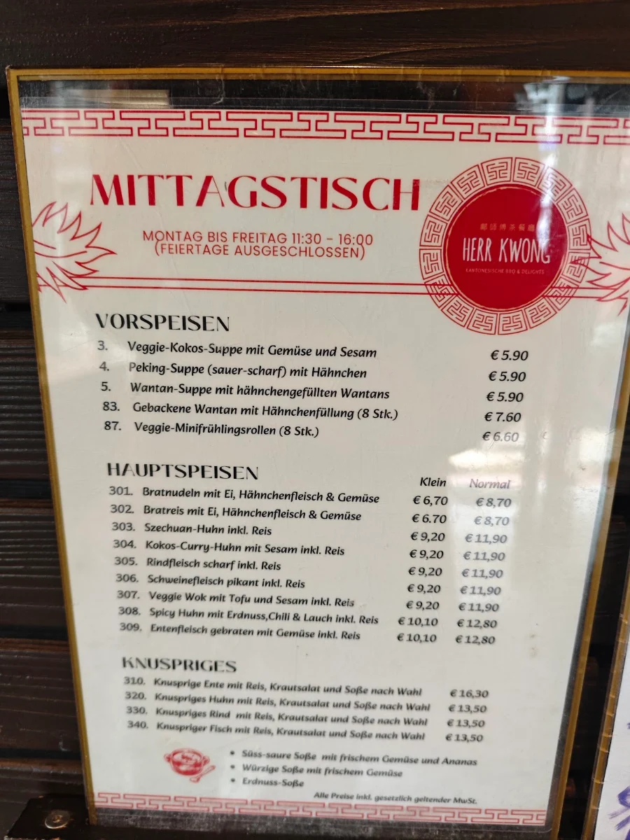 Speisekarte, Restaurant Herr Kwong