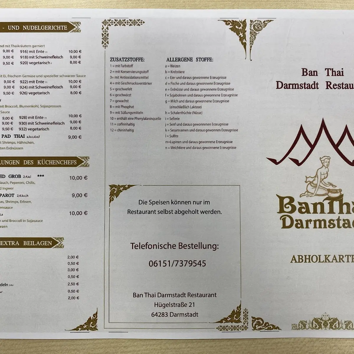 Speisekarte, Ban Thai Restaurant