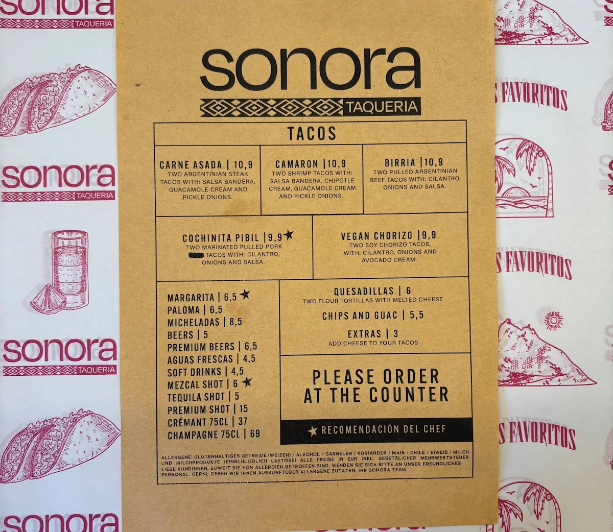 Speisekarte, Sonora Taqueria