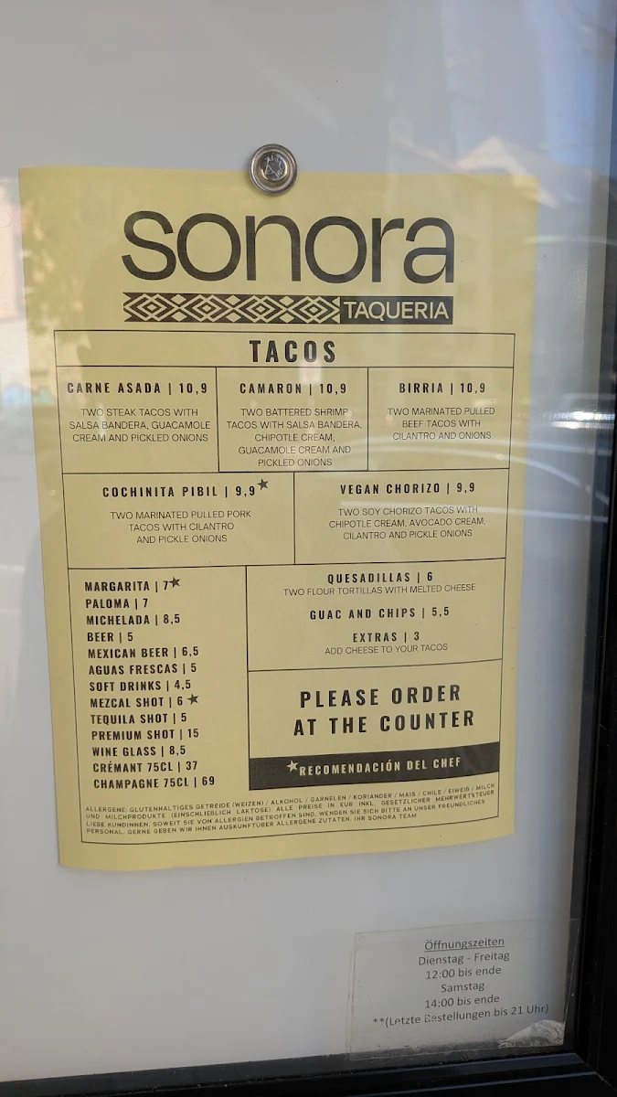 Speisekarte, Sonora Taqueria