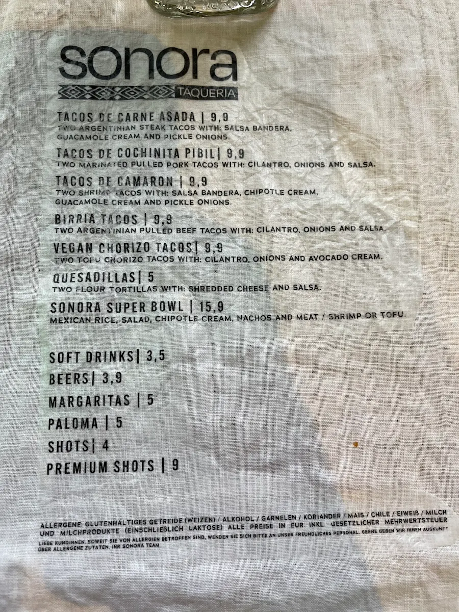 Speisekarte, Sonora Taqueria