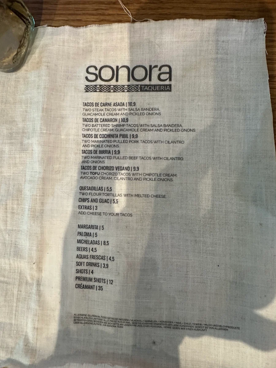 Speisekarte, Sonora Taqueria