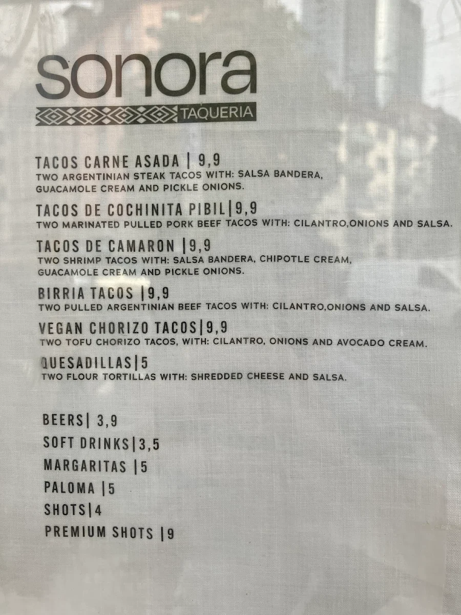 Speisekarte, Sonora Taqueria