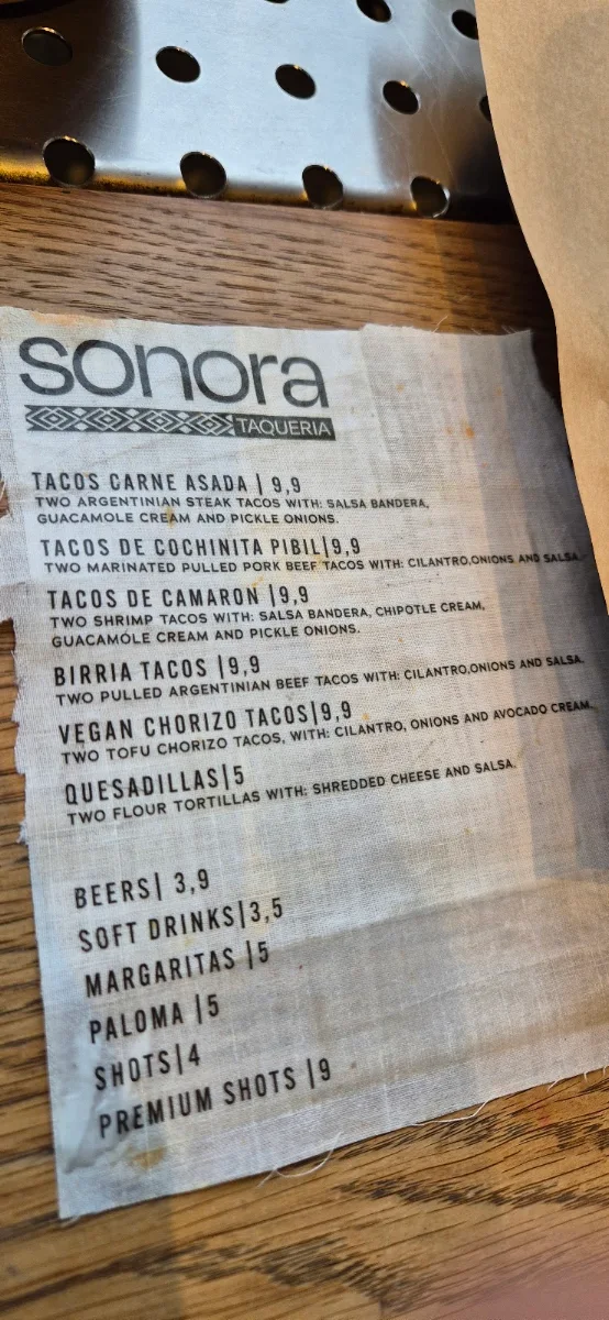 Speisekarte, Sonora Taqueria