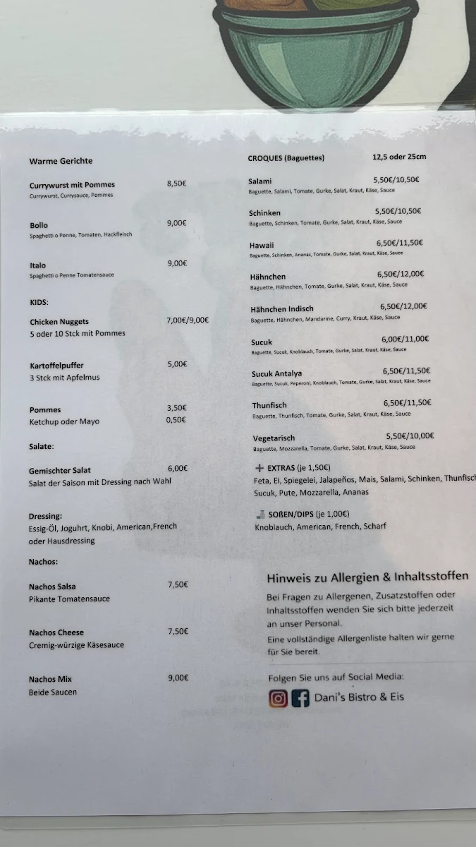Speisekarte, Dani‘s Bistro&Eis