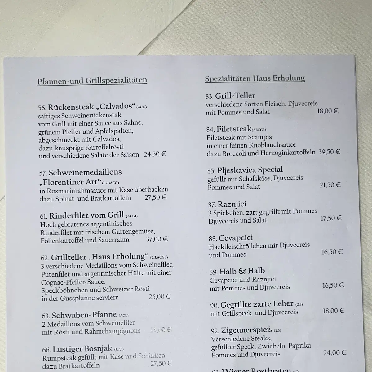 Speisekarte, Gasthof Zur Erholung