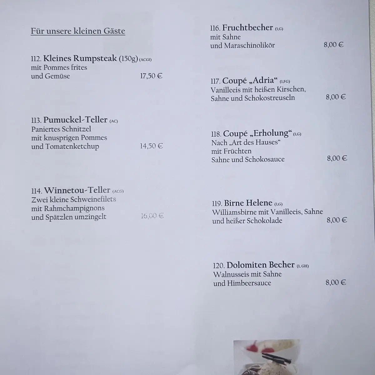 Speisekarte, Gasthof Zur Erholung