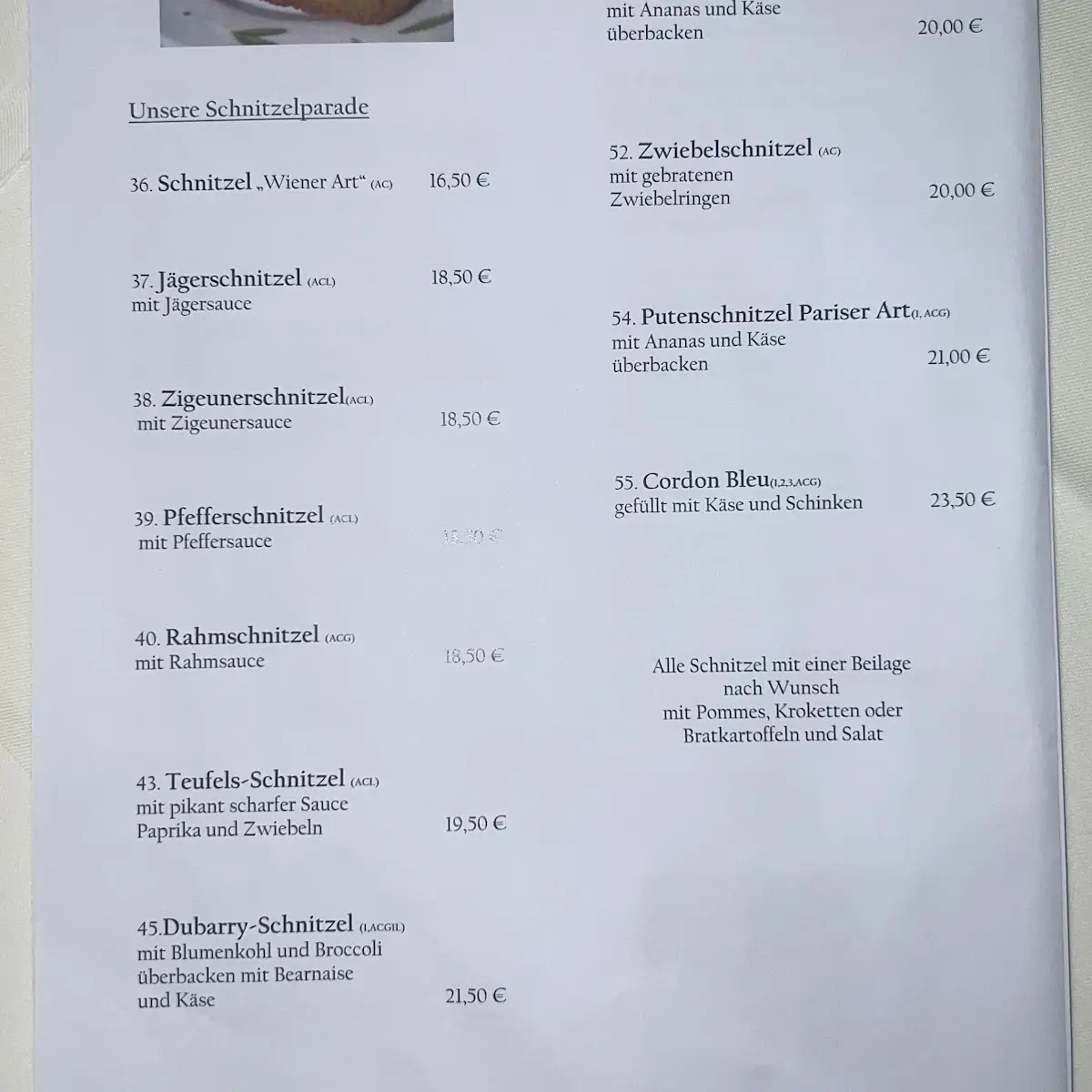 Speisekarte, Gasthof Zur Erholung