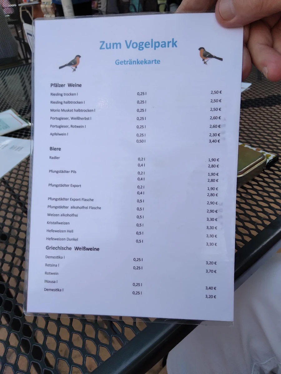 Speisekarte, Gaststätte "Zum Vogelpark"