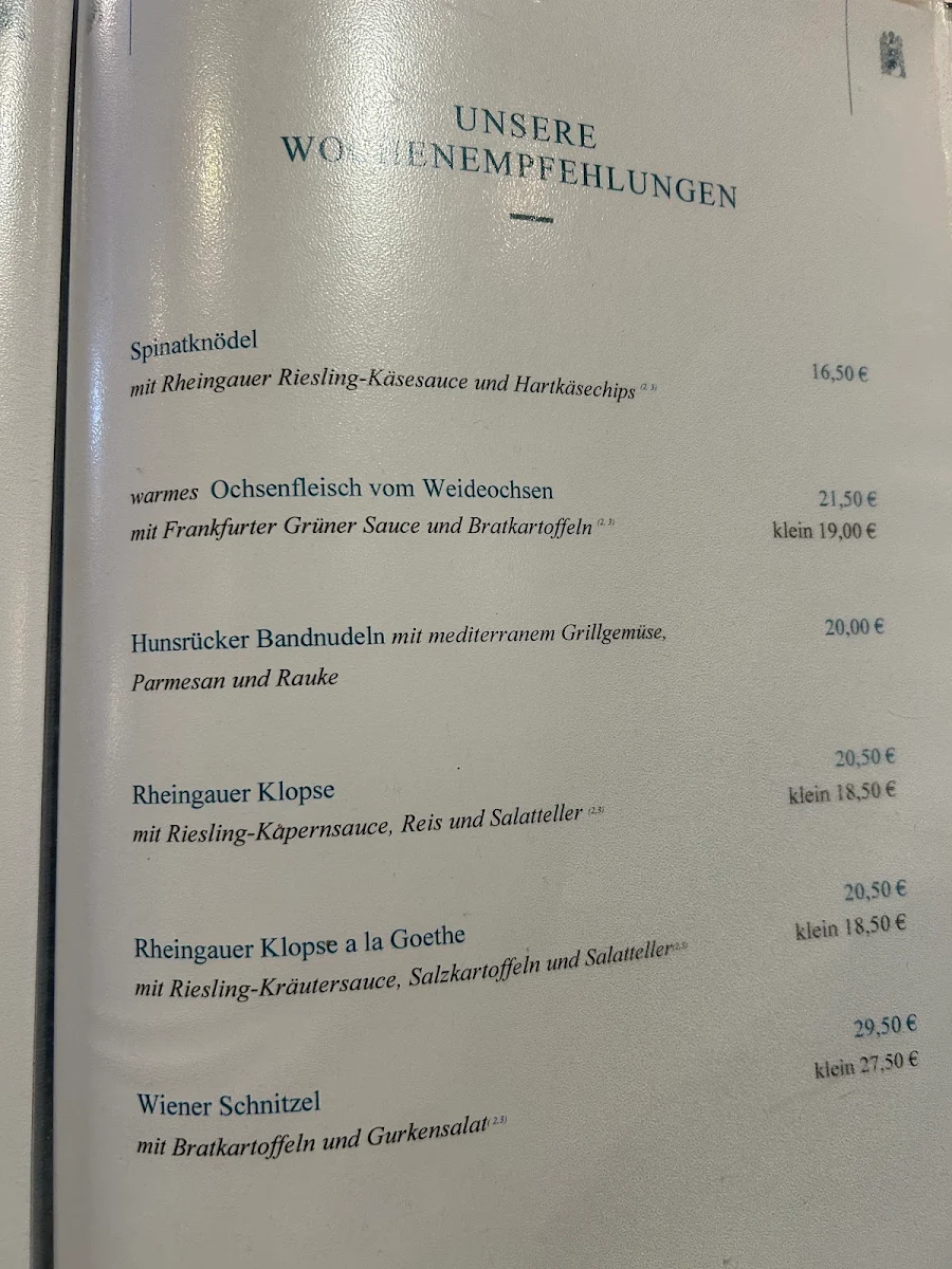 Speisekarte, Restaurant Weinhaus Sinz