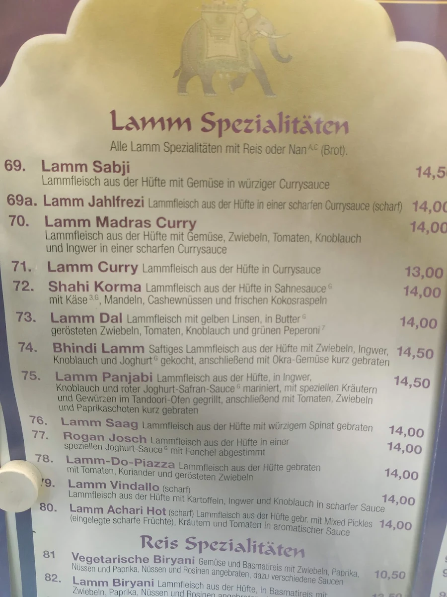 Speisekarte, Sangam - Indisches Restaurant