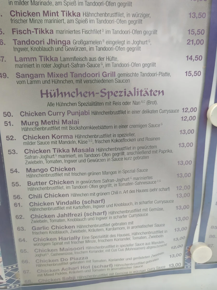 Speisekarte, Sangam - Indisches Restaurant