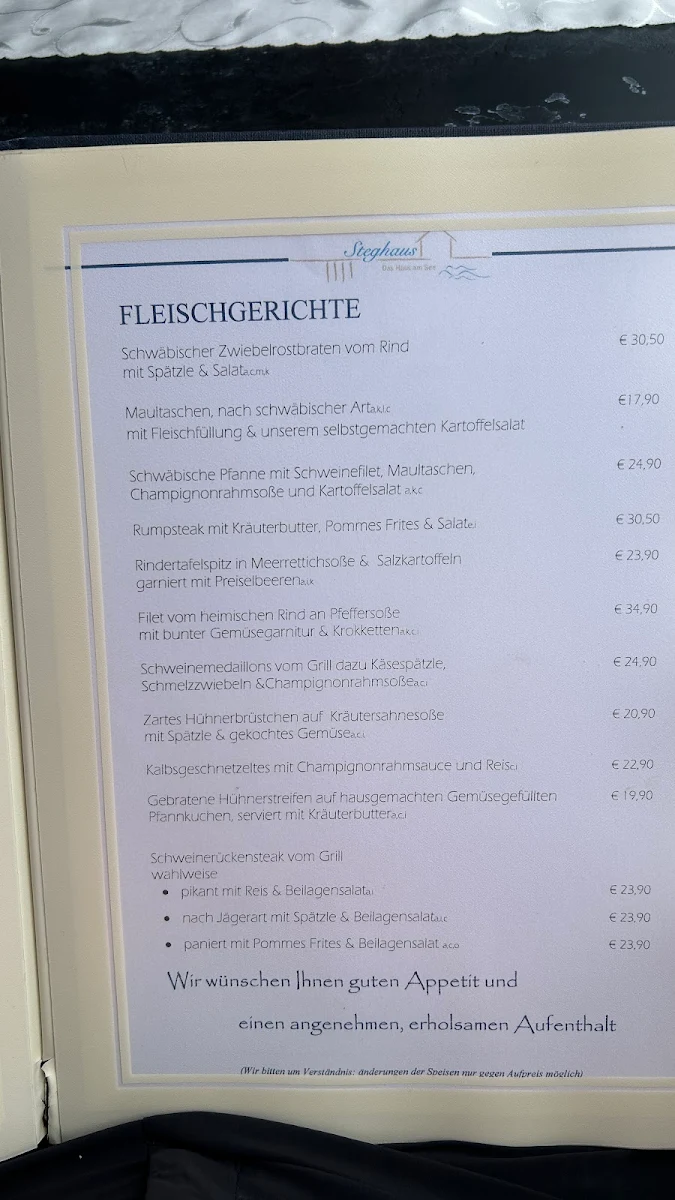 Speisekarte, Restaurant Steghaus