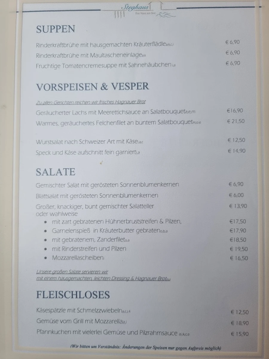 Speisekarte, Restaurant Steghaus