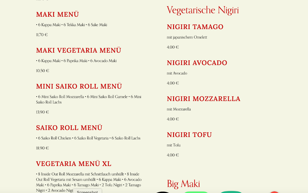 Speisekarte, Saiko Sushi Bar Charlottenburg