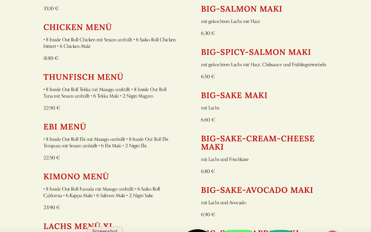 Speisekarte, Saiko Sushi Bar Charlottenburg