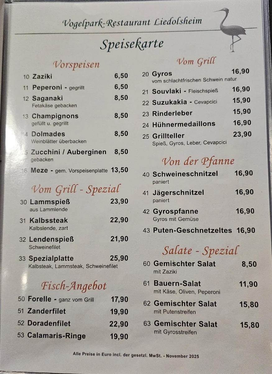 Speisekarte, Gaststätte Vogelpark Liedolsheim