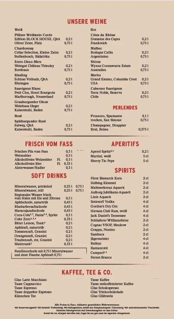 Speisekarte, BLOCK HOUSE Düsseldorf