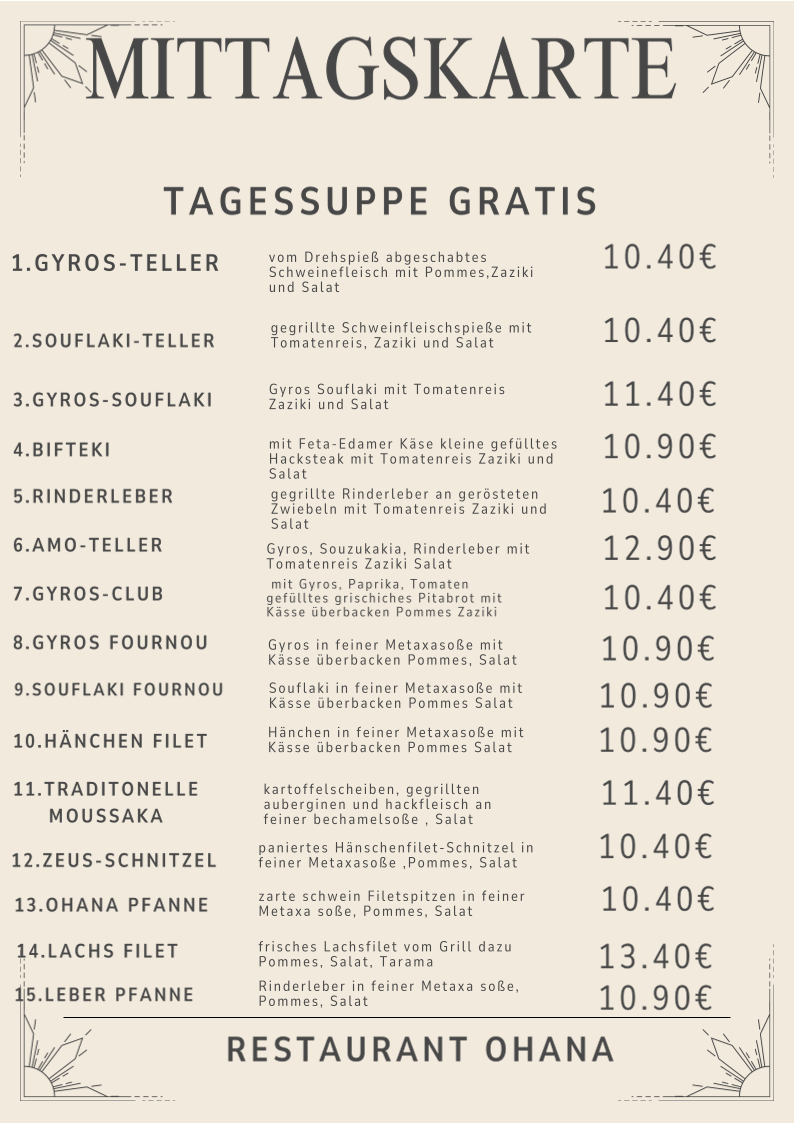 Speisekarte, Ohana Artern -griechisches Restaurant
