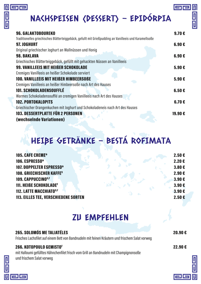 Speisekarte, Ohana Artern -griechisches Restaurant