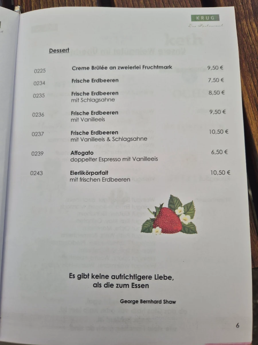 Speisekarte, Krug-Das Restaurant