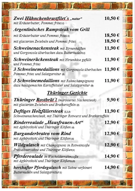 Speisekarte, Pension & Restaurant Sächsischer Hof in Ohrdruf