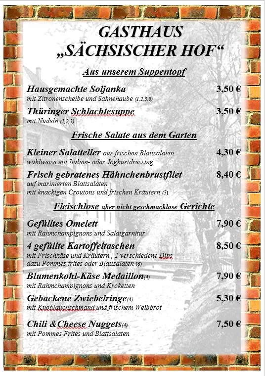 Speisekarte, Pension & Restaurant Sächsischer Hof in Ohrdruf
