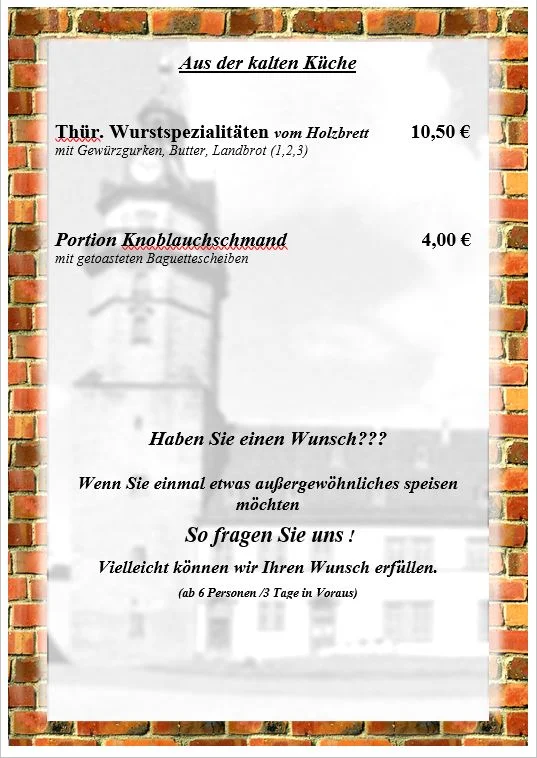 Speisekarte, Pension & Restaurant Sächsischer Hof in Ohrdruf
