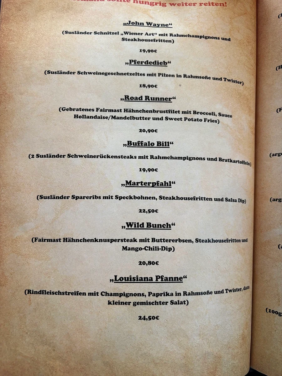 Speisekarte, Steakhouse & Pension Crazy Horse