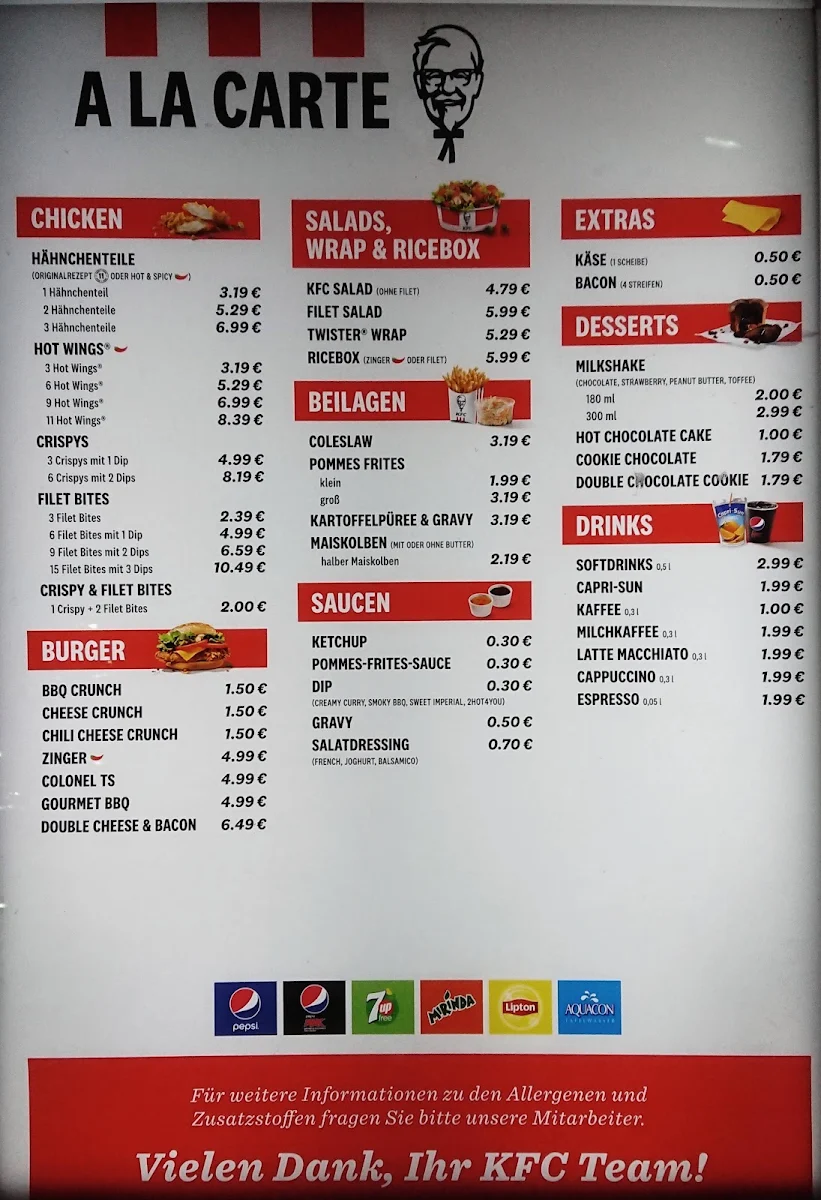 Speisekarte, Kentucky Fried Chicken