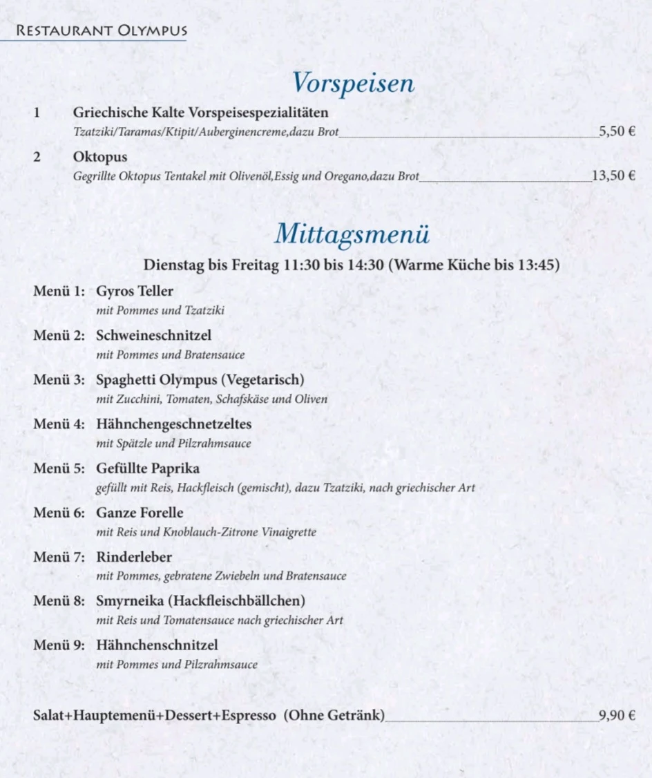 Speisekarte, Restaurant OLYMPUS im Strudelbachhof - Weissach