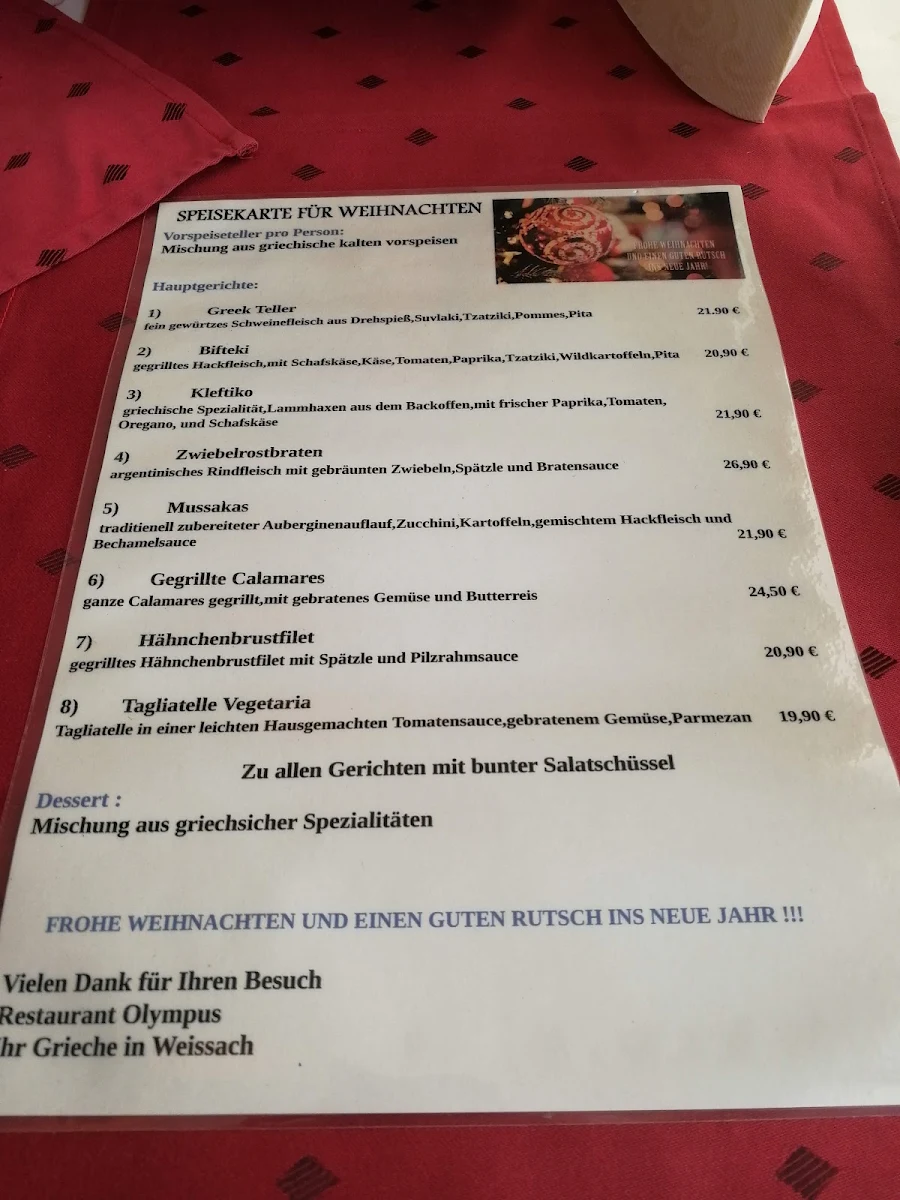 Speisekarte, Restaurant OLYMPUS im Strudelbachhof - Weissach
