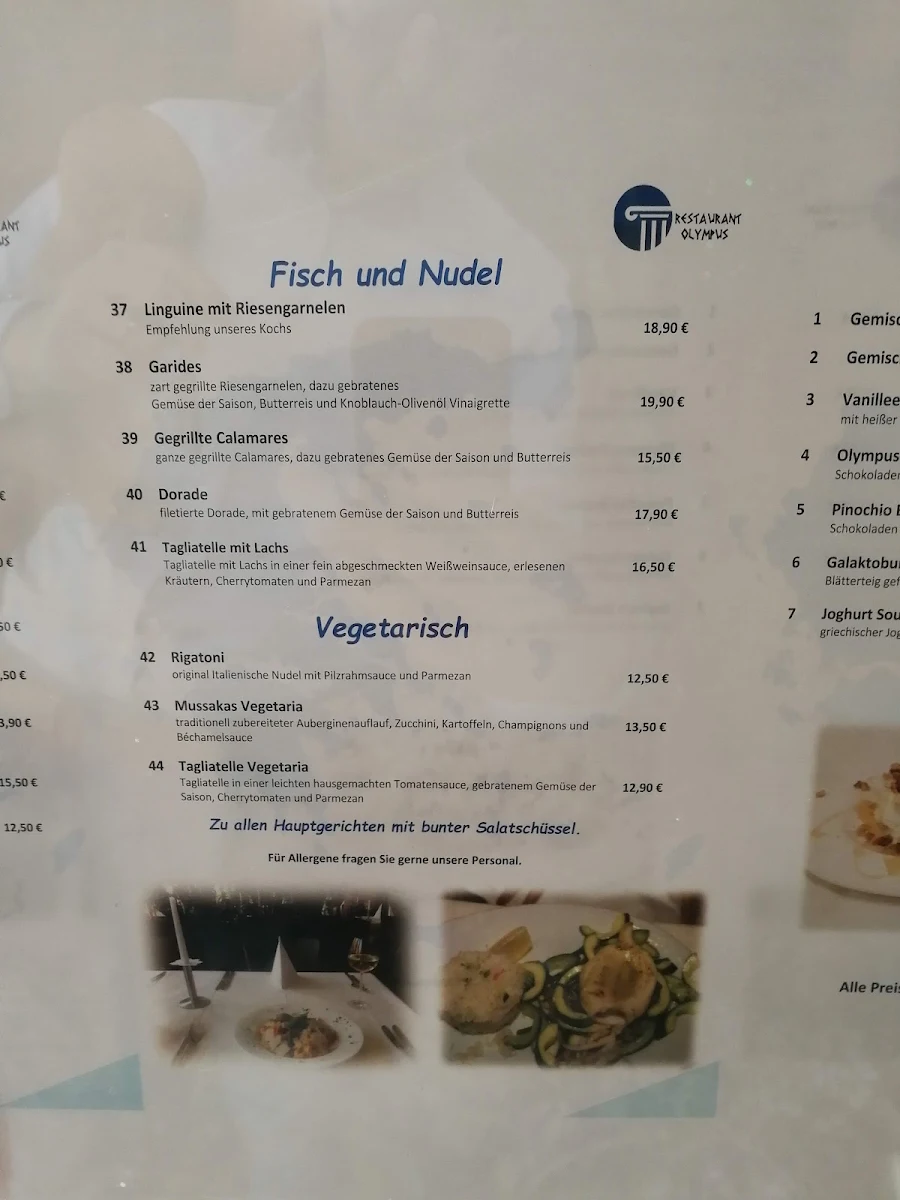 Speisekarte, Restaurant OLYMPUS im Strudelbachhof - Weissach