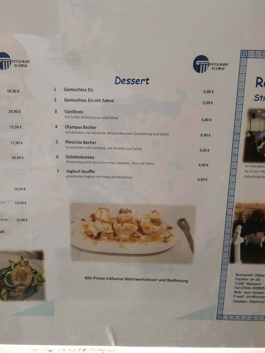 Speisekarte, Restaurant OLYMPUS im Strudelbachhof - Weissach