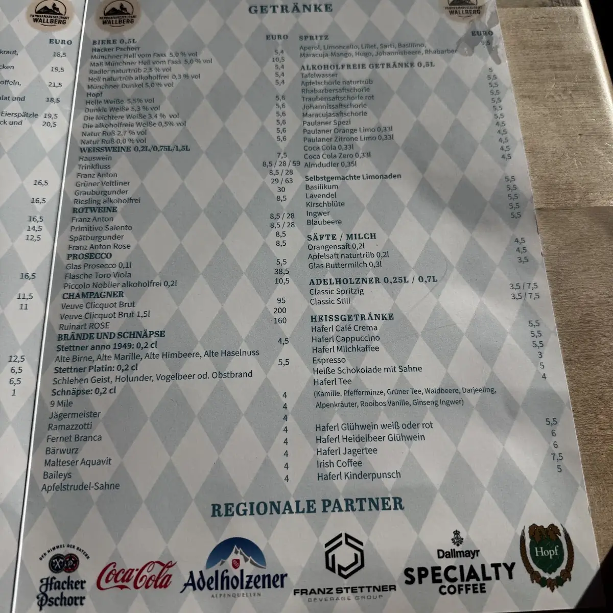 Speisekarte, Panoramarestaurant Wallberg
