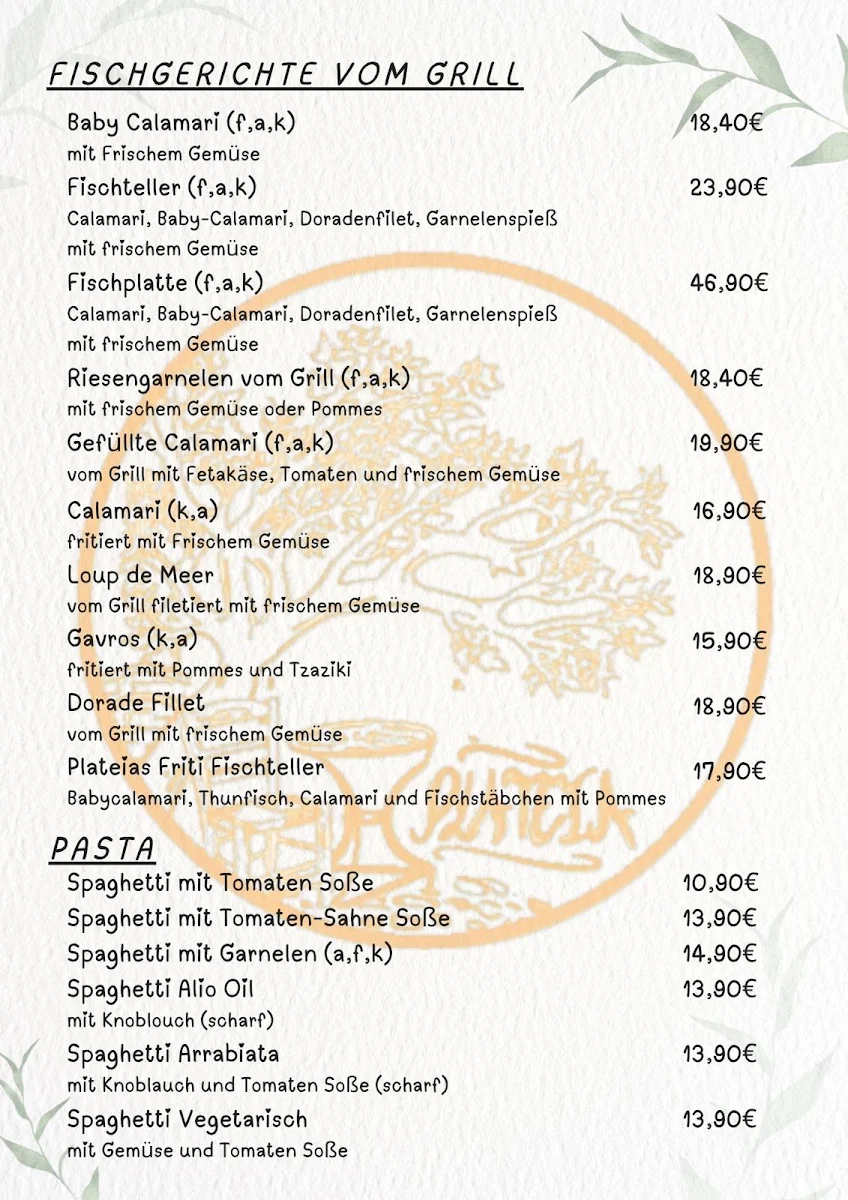 Speisekarte, Restaurant Plateia