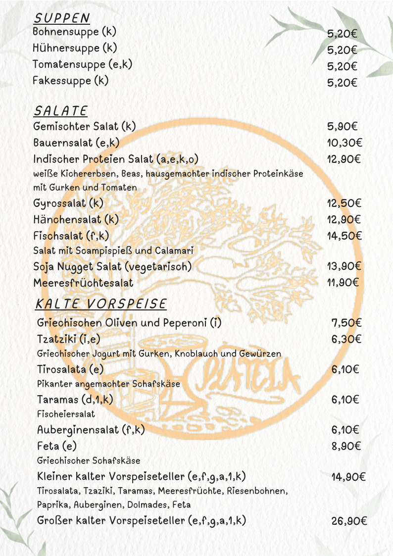 Speisekarte, Restaurant Plateia