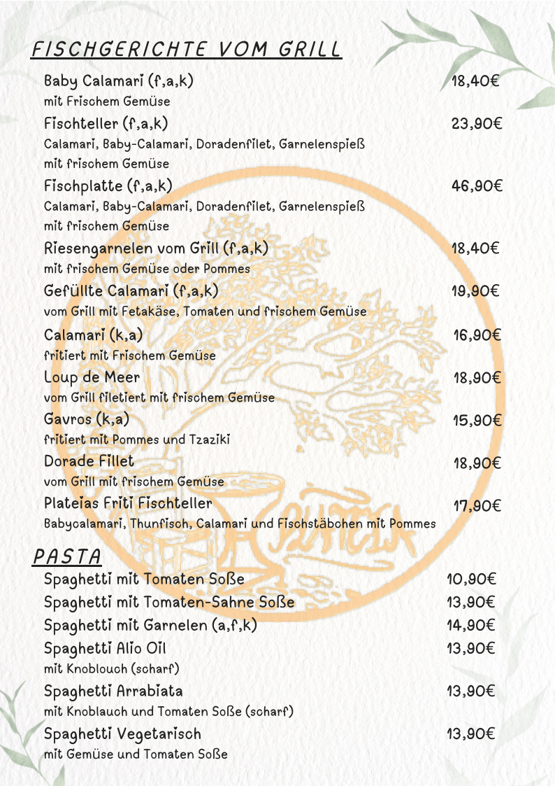 Speisekarte, Restaurant Plateia