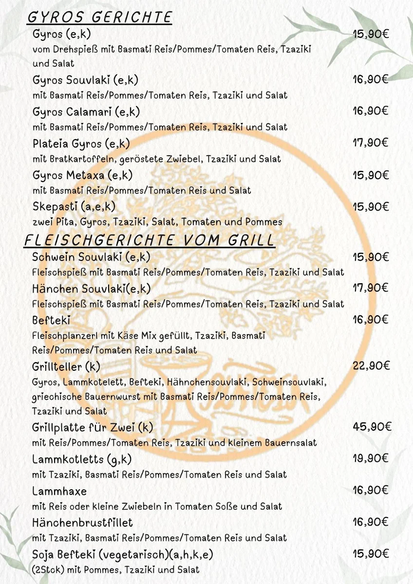 Speisekarte, Restaurant Plateia