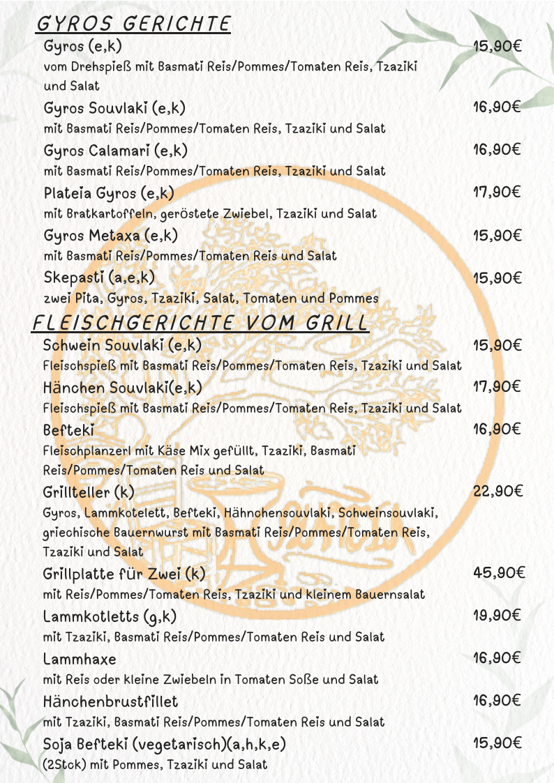 Speisekarte, Restaurant Plateia